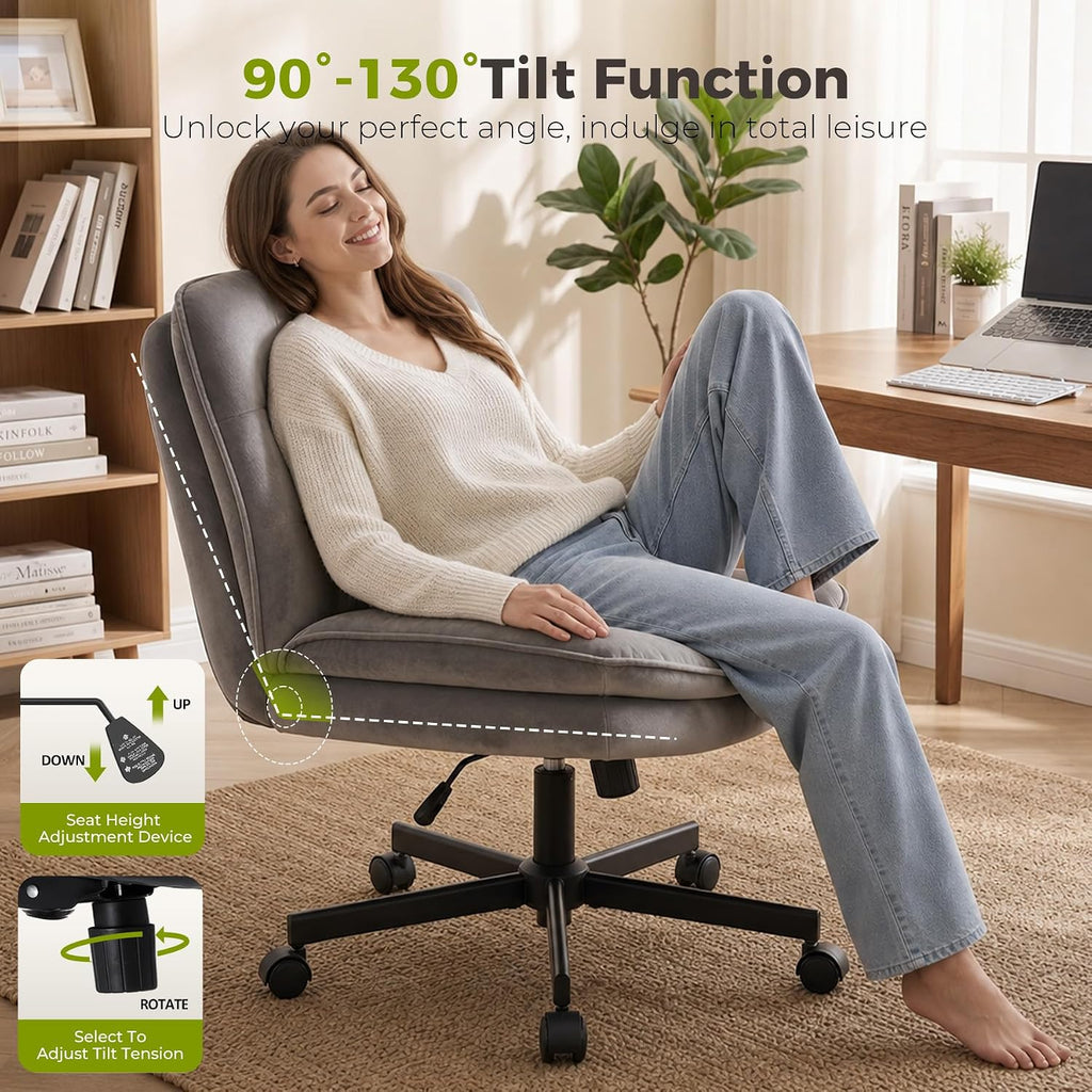 GTPLAYER Cross Legged Office Chair, Armless Desk Chair Cute Vanity Chair with Wheels Computer Chair Comfy Wide Office Chair Adjustable Swivel for Home Computer Task,Soft Velvet, Dark Grey