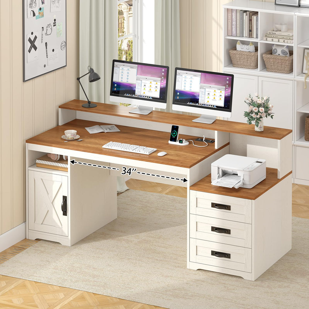 65" Farmhouse Computer Desk with Drawers and Printer Stand for Home Office