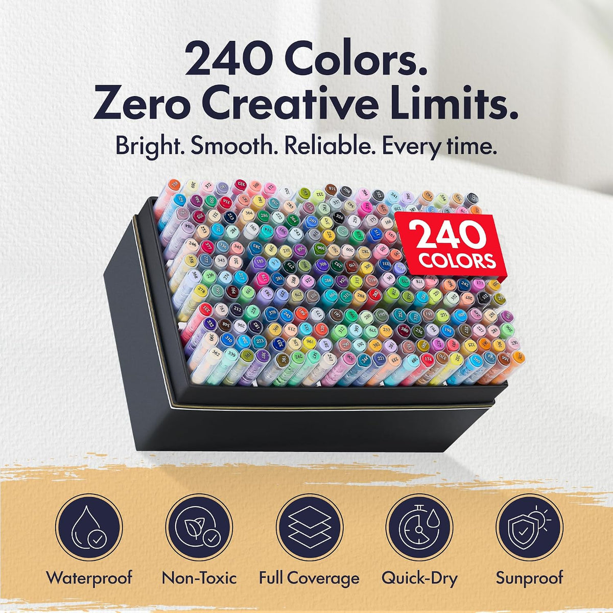 Acrylic Markers Set — 240 Brush Tip Markers with No-Bleed Lightfast Ink