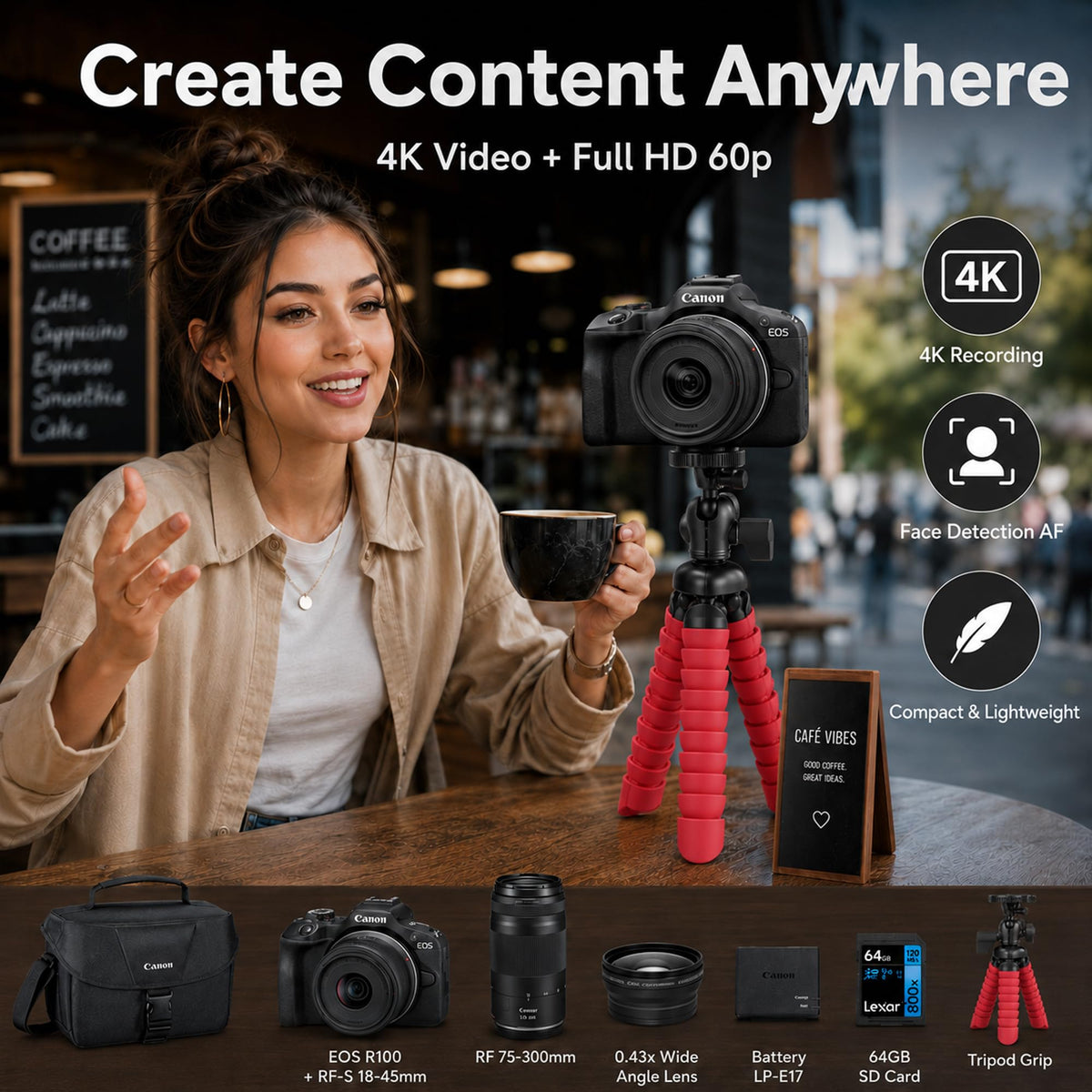 Canon EOS R100 Mirrorless Camera Body with RF-S 18-45mm F4.5-6.3 is STM Lens 6052C012 Bundle with Deco Gear Photography Bag + Microphone + Monopod + Software & Accessories Kit