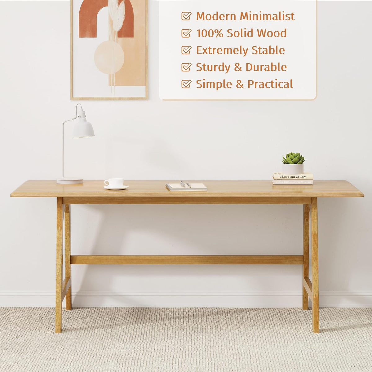IOTXY Solid Wood Writing Table - 60" W Minimalist PC Computer Desk, Oak