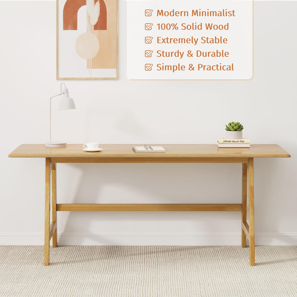 IOTXY Solid Wood Writing Table - 60" W Minimalist PC Computer Desk, Oak
