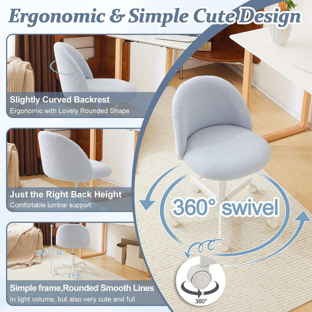 VINGLI Cute Candy Chair Armless Comfy Small Office Desk Vanity Chair with Wheels & Lumbar Support,Teddy Adjustable Rolling Swivel Computer Task Ch for Home Office,Bedroom,Gentle Pink