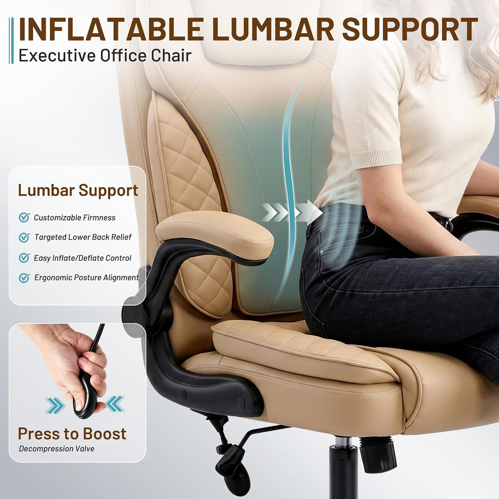 Ergonomic Office Chair, PU Leather High Back Executive Chair with Adjustable Inflatable Lumbar Support and Padded Flip-Up Arms, Recline Swivel Task Computer Chair for Home Office, Khaki
