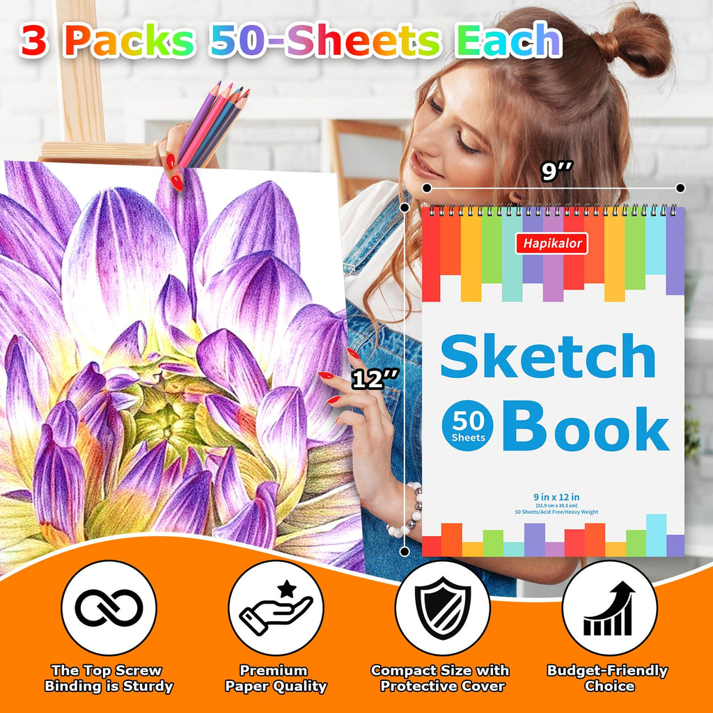 9" x 12" Sketch Book, 2-Pack 50 Sheets Spiral Bound Art Sketchbook Notebook