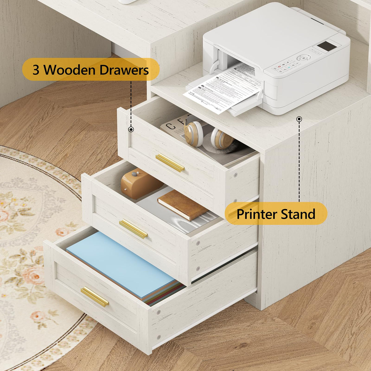 65" Farmhouse Computer Desk with Drawers and Printer Stand for Home Office