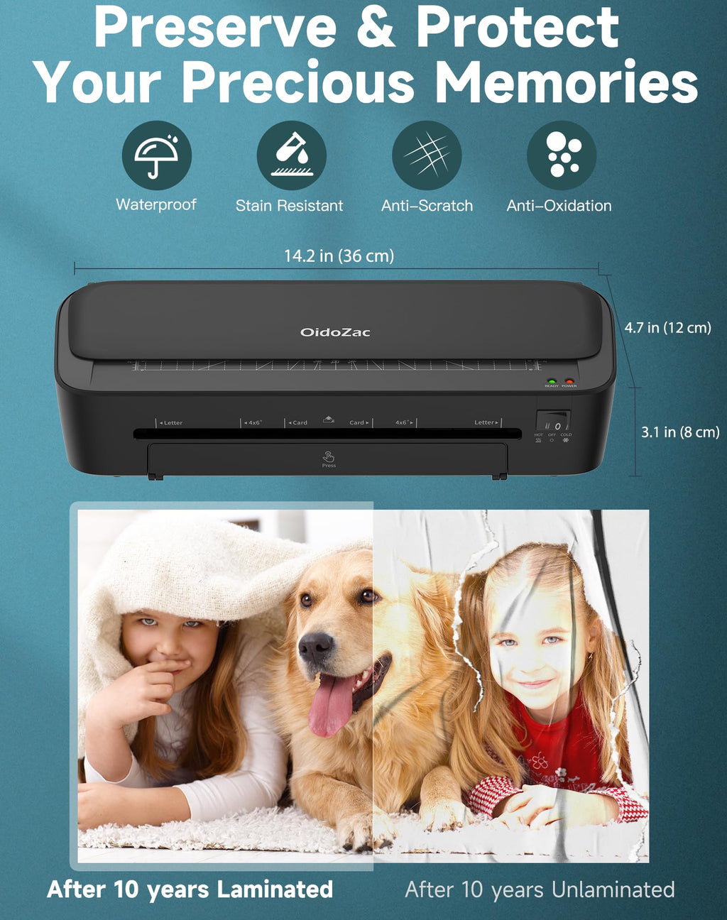OidoZac: 9" 11-in-1 Laminator with Never-Jam Technology & 36 Sheets