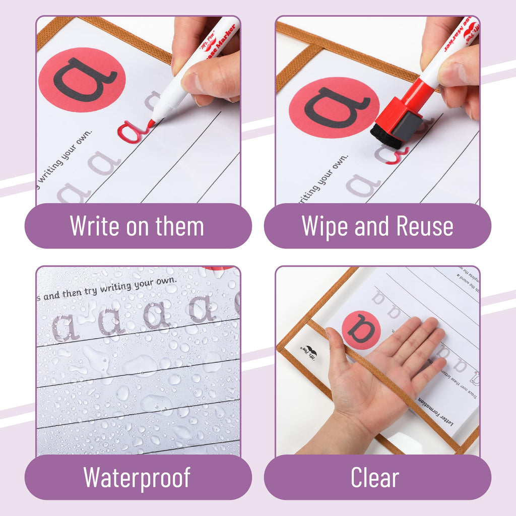 Mr. Pen- Reusable Dry Erase Pocket Sleeves, 10" x 14", 6 Pack, Colorful