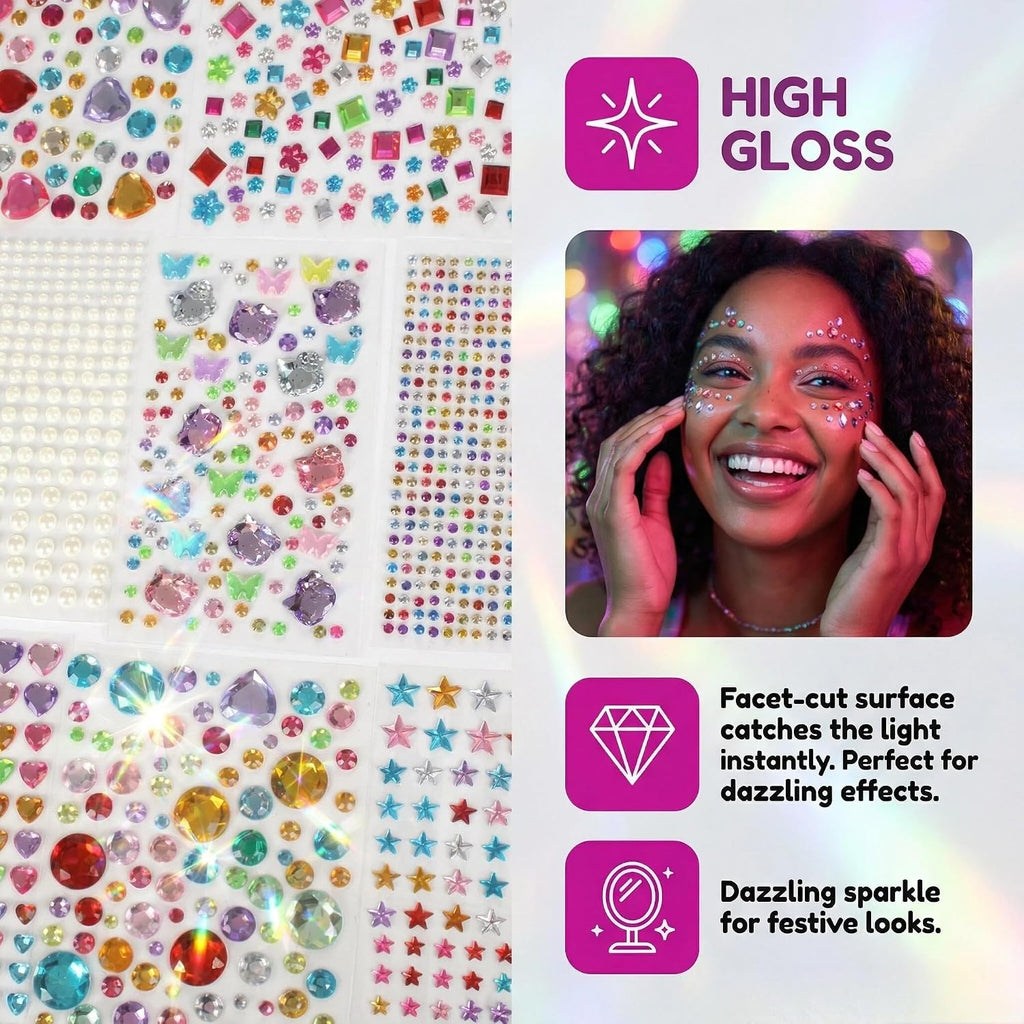 3521 Pieces Self Adhesive Jewels for Crafts, Gems Stickers for Kids, Flat Back Plastic Fake Jewels for Scrapbook Supplies and face gems