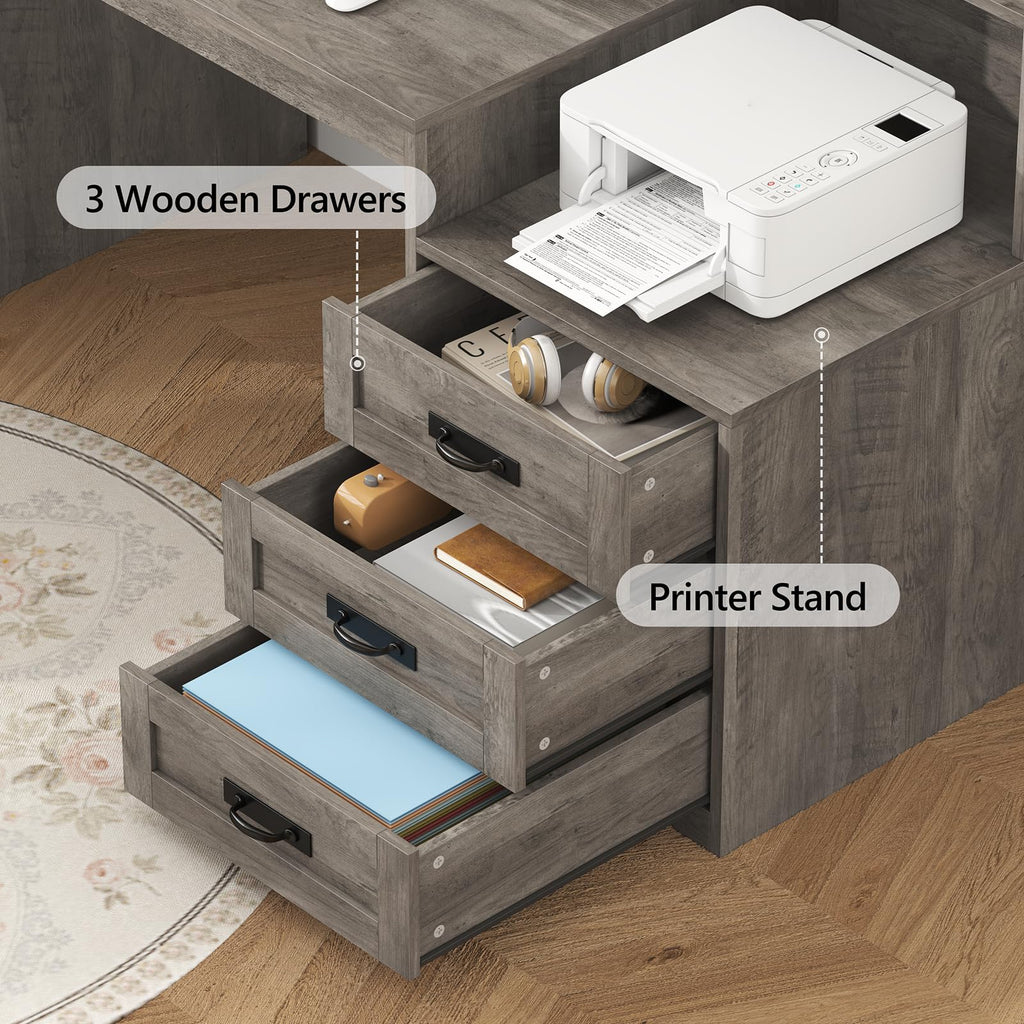 65" Farmhouse Computer Desk with Drawers and Printer Stand for Home Office
