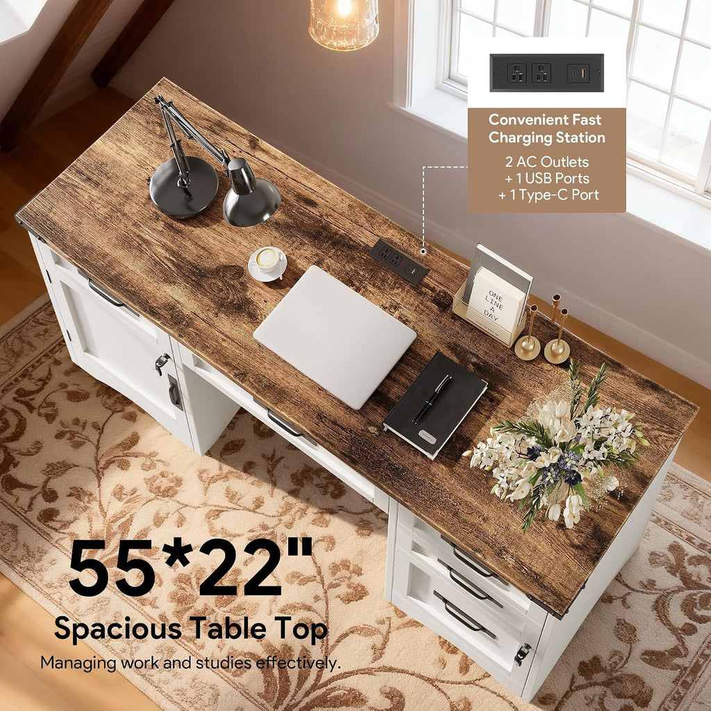Decofy 67" Farmhouse L Shaped Standing Desk with Drawers Home Office Executive Desks with Fast Charging Station, Lockable File Cabinet, Wood Writing Computer Desk for Work, Study, White