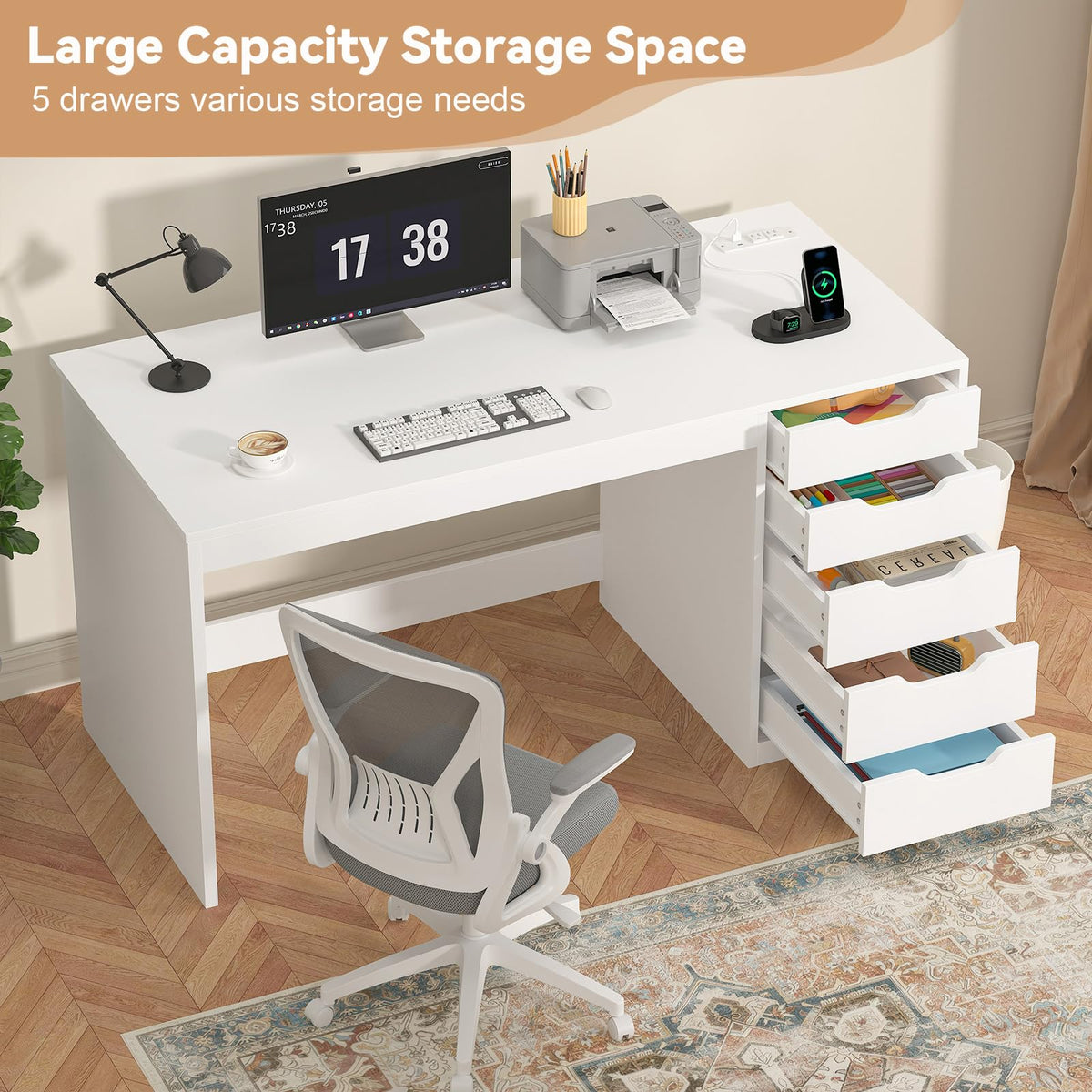 YOMILUVE: 47" Computer Desk with 5 Drawers & Charging Station