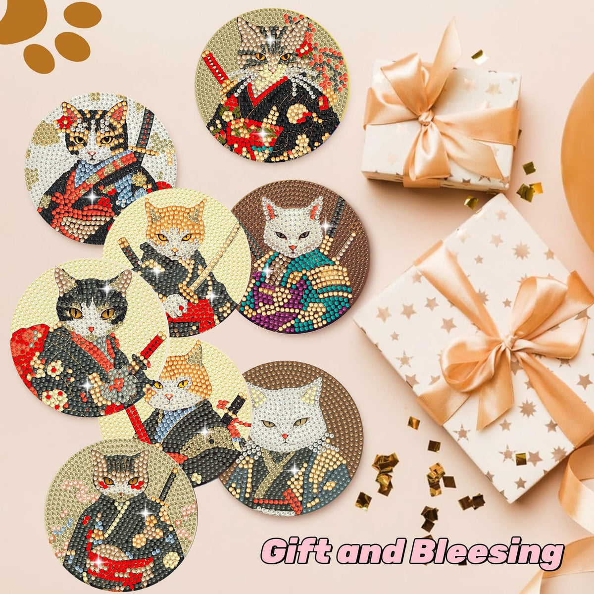 Puraikcmi 8PCs Diamond Paintings Coasters Kits Set, Funny Cat Diamond Art Coasters with Holder, DIY Crafts Diamond Art Kits Adult Craft Diamond Dots Gift