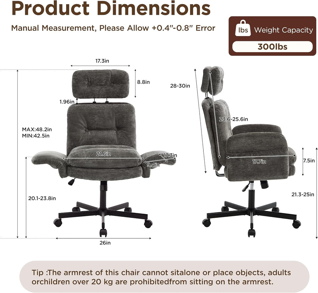 FiveWillowise Cross Legged Office Chair with Flip-up Arms&Hight Back,Grey