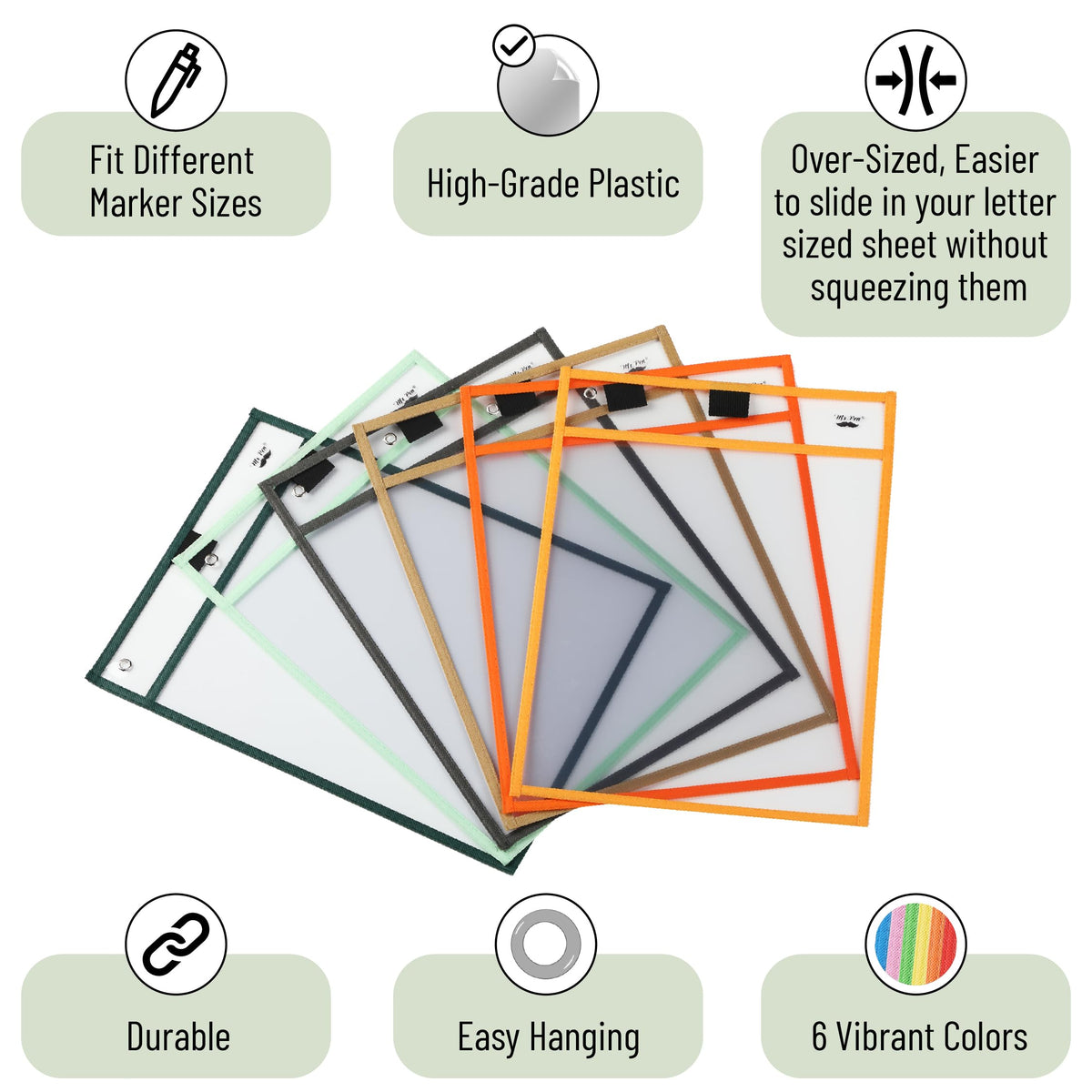 Mr. Pen- Reusable Dry Erase Pocket Sleeves, 10" x 14", 6 Pack, Colorful