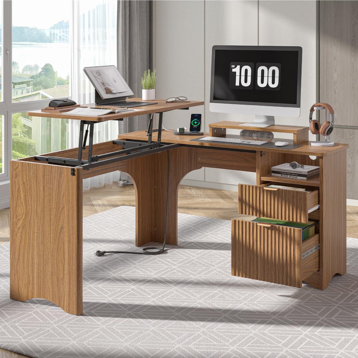 Bestier: 55" L-Shaped Student Study Desk with Manual Lift Top, USB Charging & File Drawer
