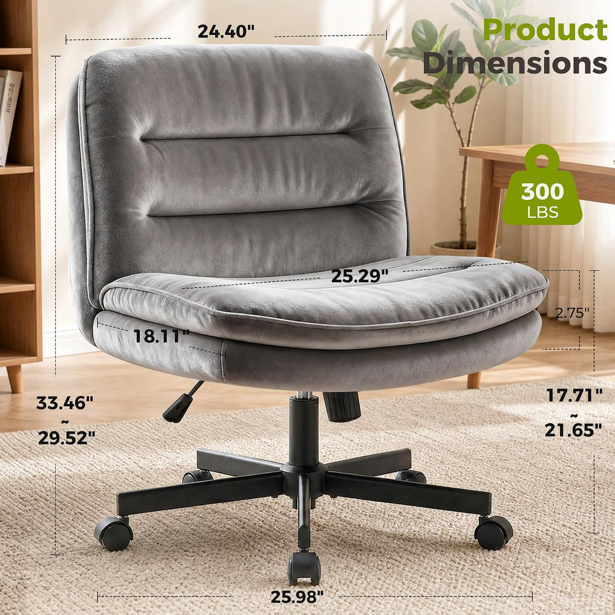 GTPLAYER Cross Legged Office Chair, Armless Desk Chair Cute Vanity Chair with Wheels Computer Chair Comfy Wide Office Chair Adjustable Swivel for Home Computer Task,Soft Velvet, Dark Grey