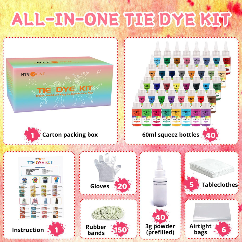 HTVRONT Tie Dye Kit, 32 Vibrant Vivid Permanent Colors, Just Add Water