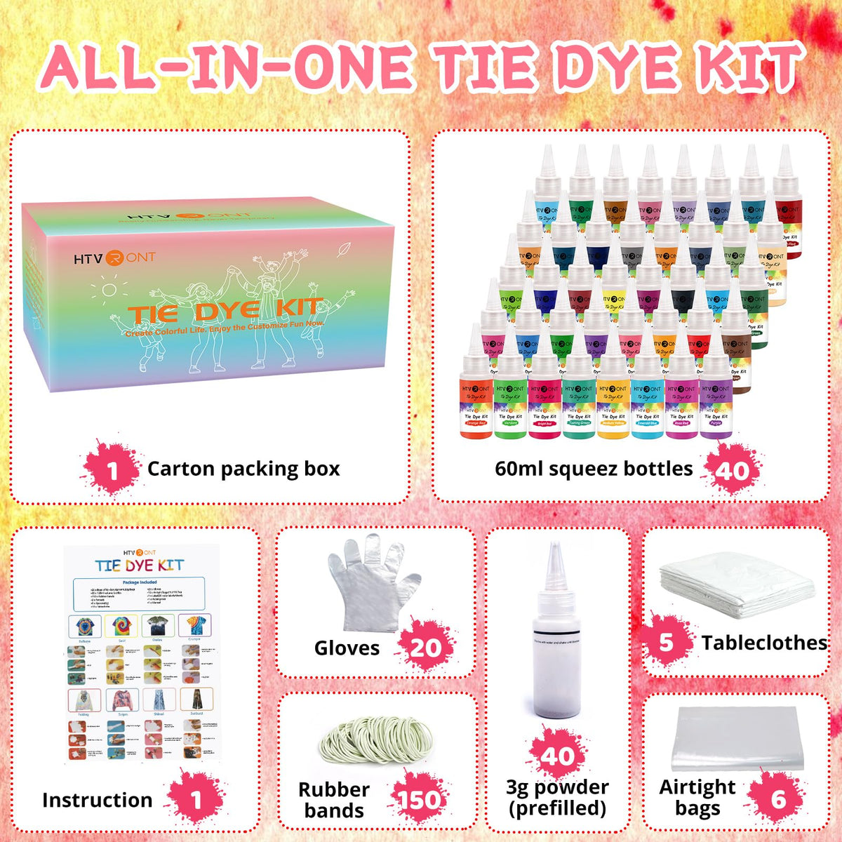 HTVRONT Tie Dye Kit, 32 Vibrant Vivid Permanent Colors, Just Add Water