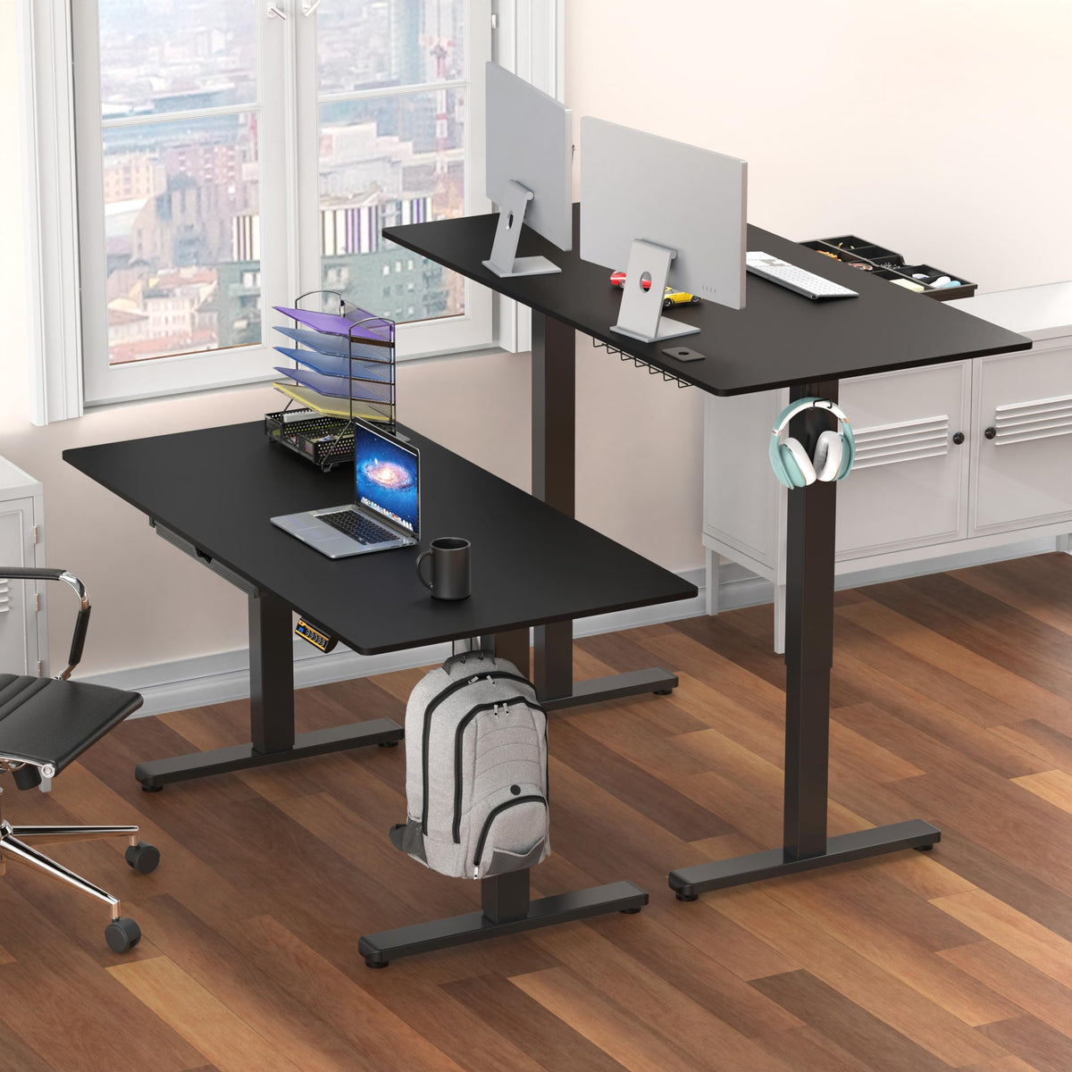 SHW 55 x 28 Electric Height Adjustable Standing Desk w/Drawer, White