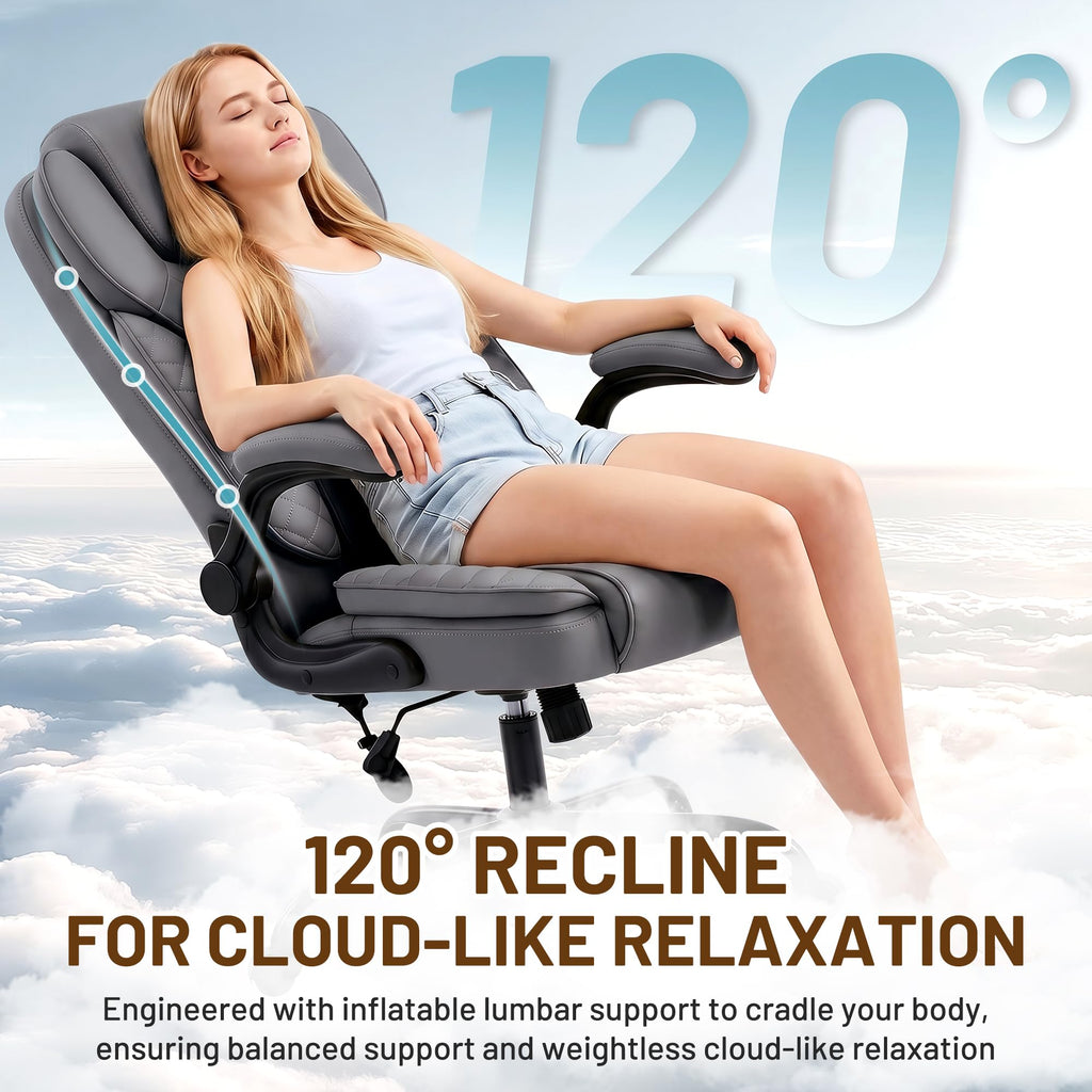 Ergonomic Office Chair, PU Leather High Back Executive Chair with Adjustable Inflatable Lumbar Support and Padded Flip-Up Arms, Recline Swivel Task Computer Chair for Home Office, Khaki