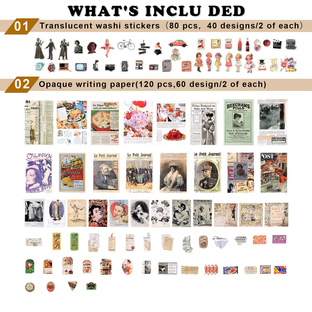 Draupnir 200pcs Vintage Junk Journal Supplies,Scrapbook Supplies Scrapbooking Paper and Stickers Ephemera For Art Aesthetic Journaling Kit Collage(Art)