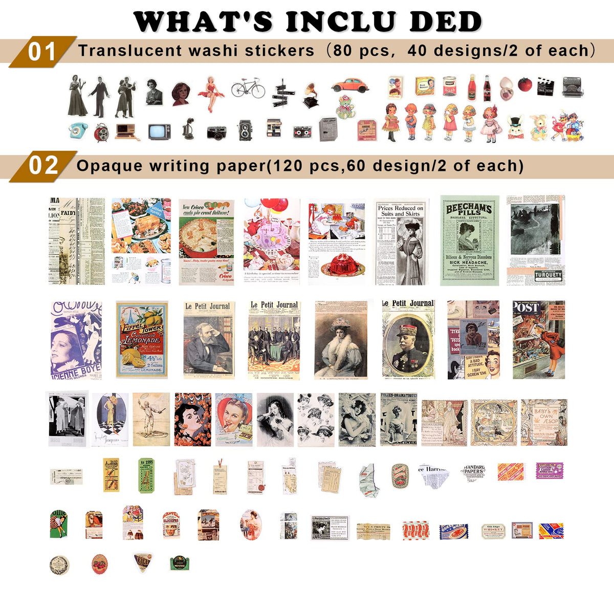 Draupnir 200pcs Vintage Junk Journal Supplies,Scrapbook Supplies Scrapbooking Paper and Stickers Ephemera For Art Aesthetic Journaling Kit Collage(Art)