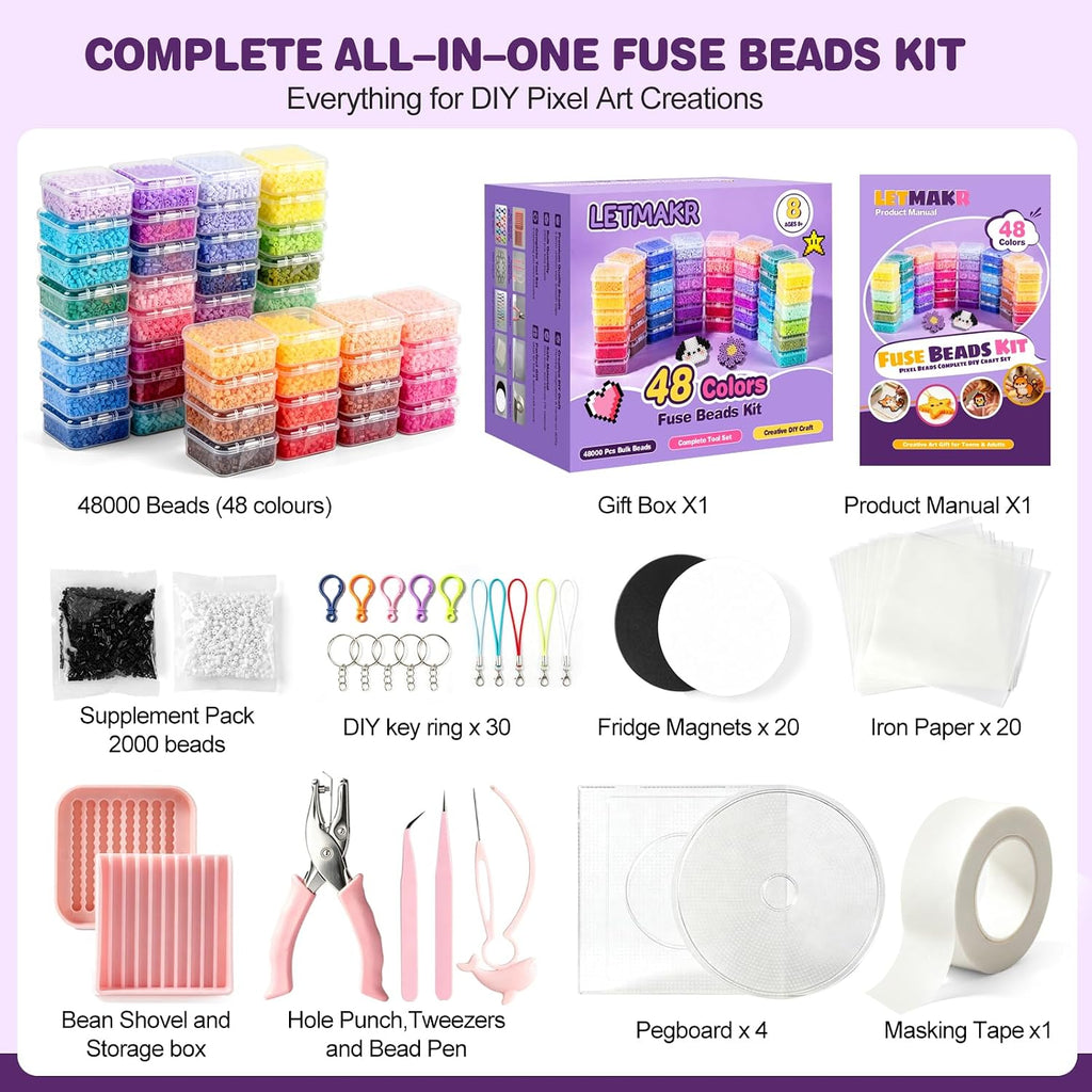 48-Color 2.6mm Fuse Beads Kit, 48,000 Mini Beads for Pixel Art DIY