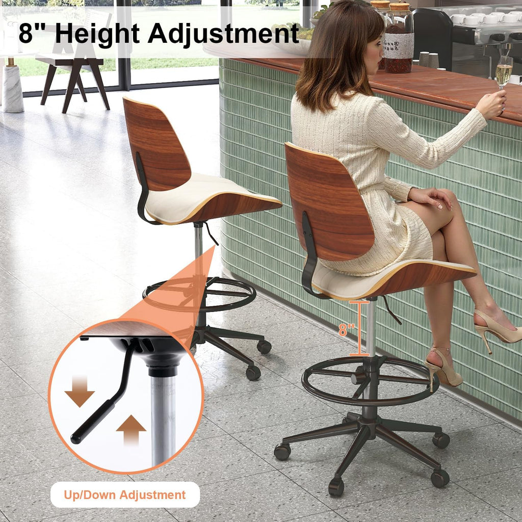 Drafting Chair, Ergonomic Office Chair with Walnut Wood Back Support, Armless PU Leather Desk Chair with Height-Adjustable, Thick Cushion for Home Office, Drafting, Art Studio (Beige)
