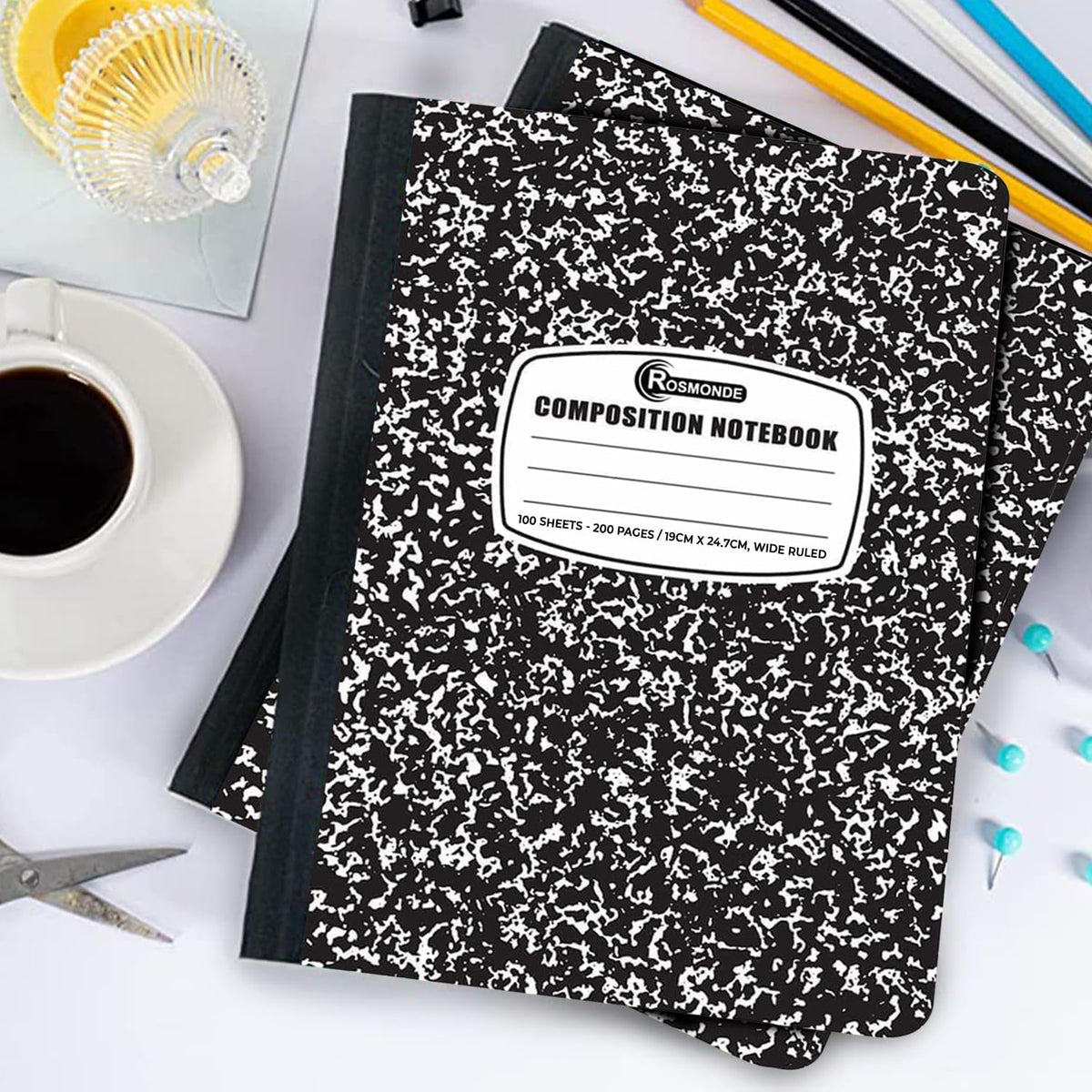 Rosmonde 5 Pack Wide Ruled Composition Notebook, Black Marble Notebooks