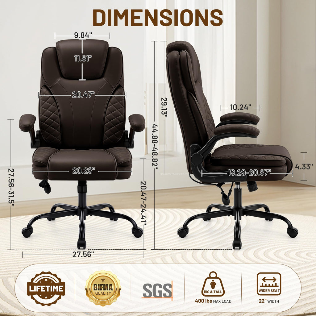 Ergonomic Office Chair, PU Leather High Back Executive Chair with Adjustable Inflatable Lumbar Support and Padded Flip-Up Arms, Recline Swivel Task Computer Chair for Home Office, Khaki