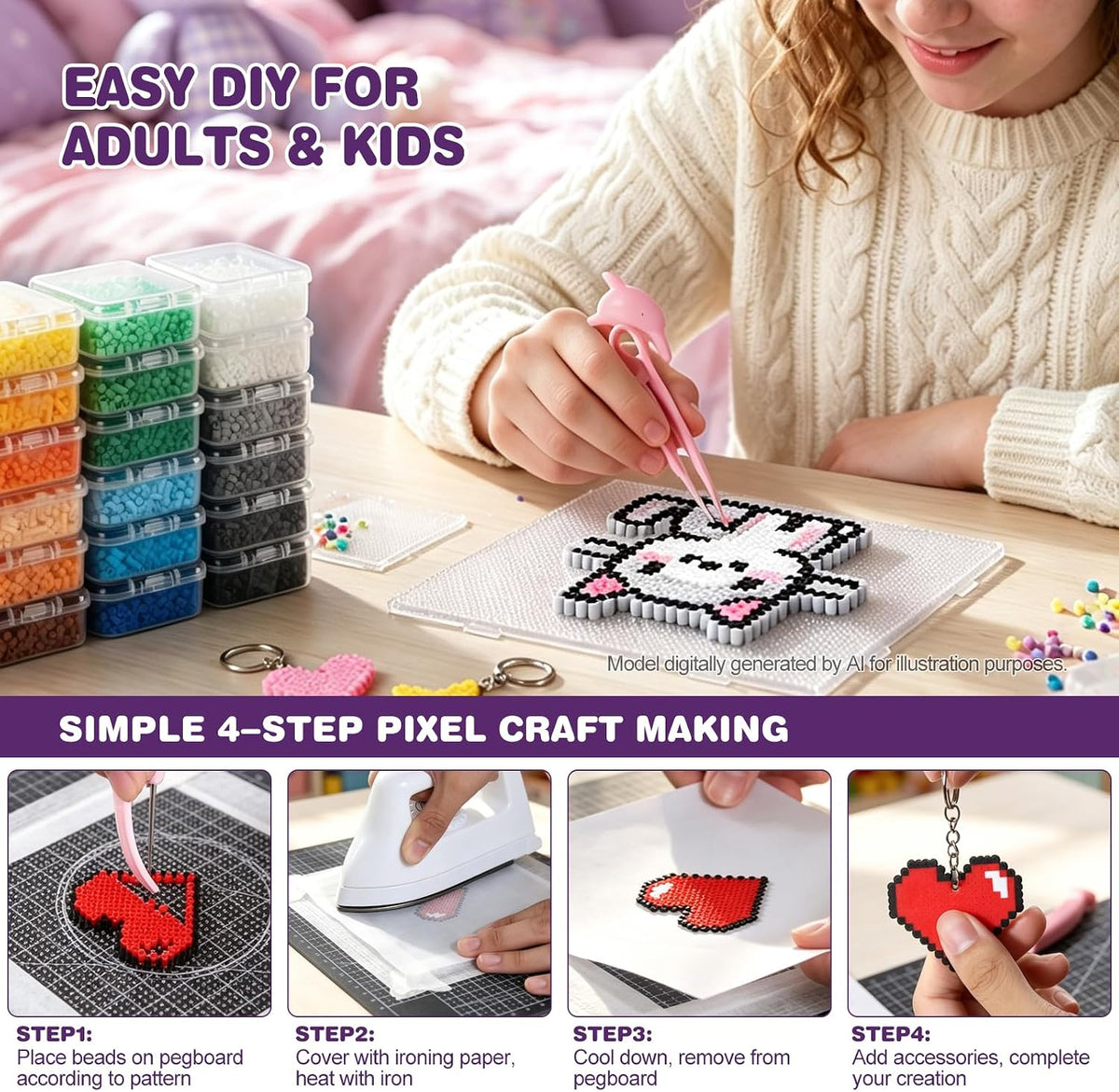 48-Color 2.6mm Fuse Beads Kit, 48,000 Mini Beads for Pixel Art DIY