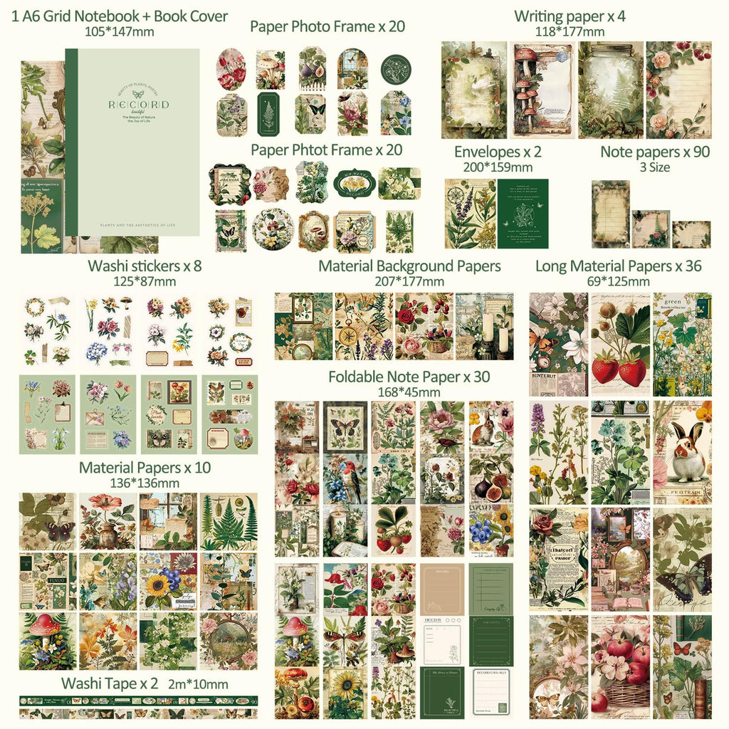 emmoolife 348 Pcs Scrapbooking Supplies Kit, Vintage Aesthetic Scrapbook Kit for Bullet Junk Journal, Stationery, A6 Grid Notebook, DIY Journaling Supplies, Birthday Craft Gift for Teen Girl Women
