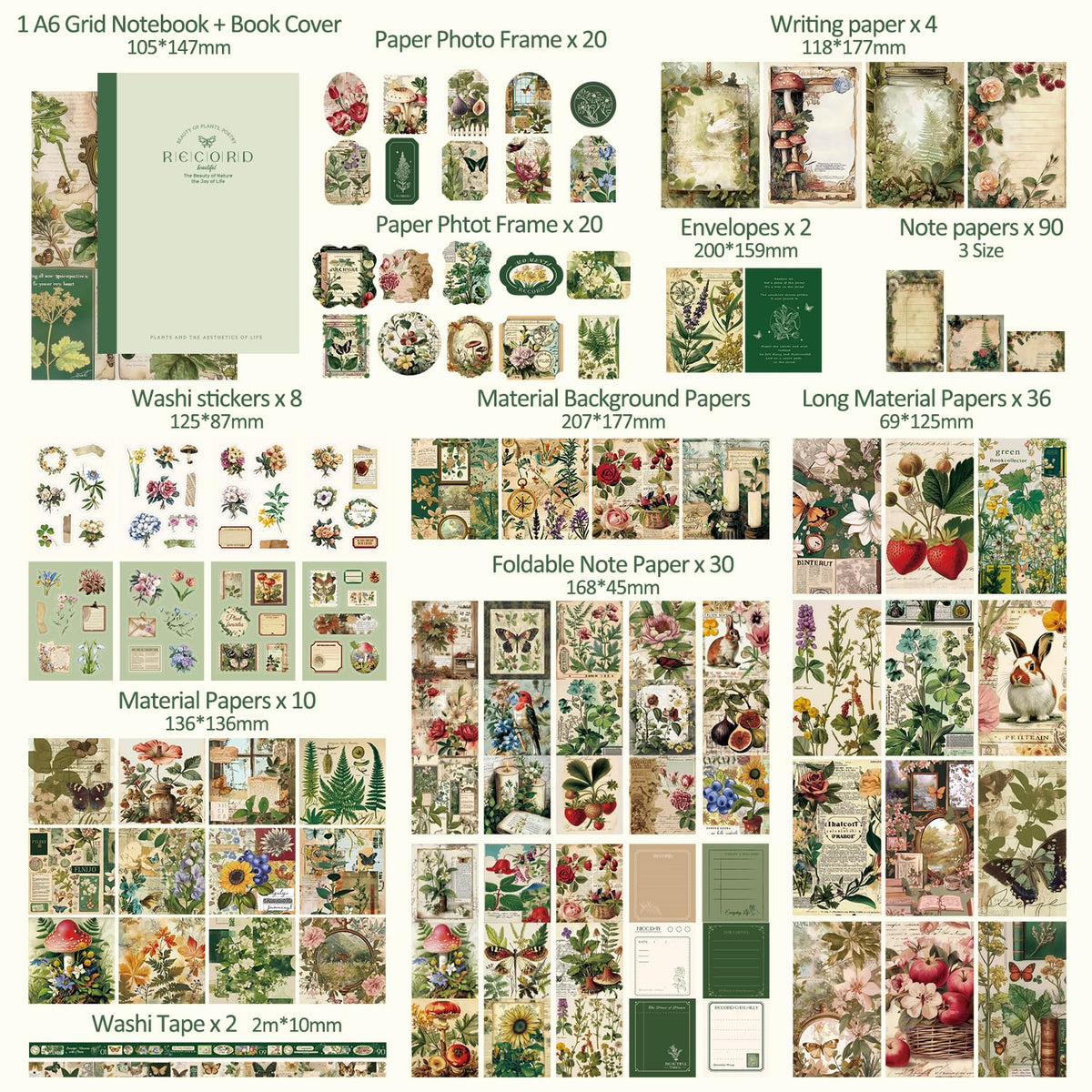 emmoolife 348 Pcs Scrapbooking Supplies Kit, Vintage Aesthetic Scrapbook Kit for Bullet Junk Journal, Stationery, A6 Grid Notebook, DIY Journaling Supplies, Birthday Craft Gift for Teen Girl Women