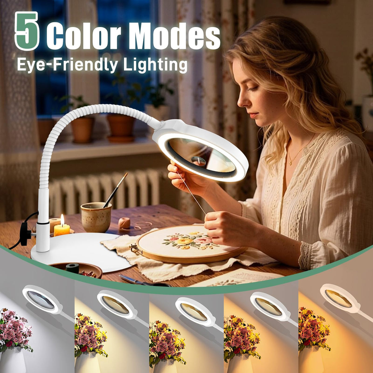30X 10X Large Magnifying Glass with Light and Stand, 5-Inch Optical Grade HD Lens, 5 Color Modes Stepless Dimmable LED Desk Lamp, Hands Free Gooseneck Lighted Magnifier for Craft Painting Close Work