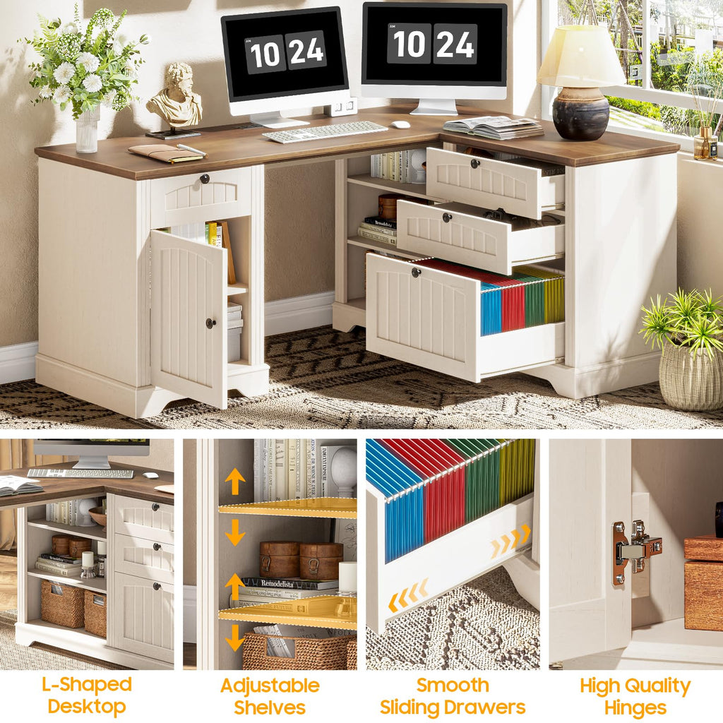 Vabches 51" Executive Desk Farmhouse Home Office Desk with Charging Station, LED Light, File Drawer, Storage Cabinet, Monitor Stand, Wood Computer Desk with Hutch for Work Study Writing (White)