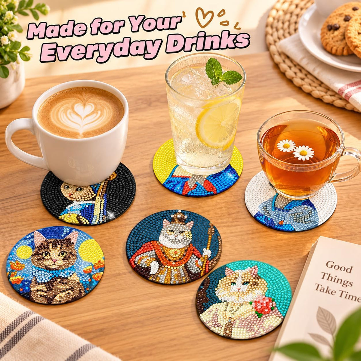 Puraikcmi 8PCs Diamond Paintings Coasters Kits Set, Funny Cat Diamond Art Coasters with Holder, DIY Crafts Diamond Art Kits Adult Craft Diamond Dots Gift