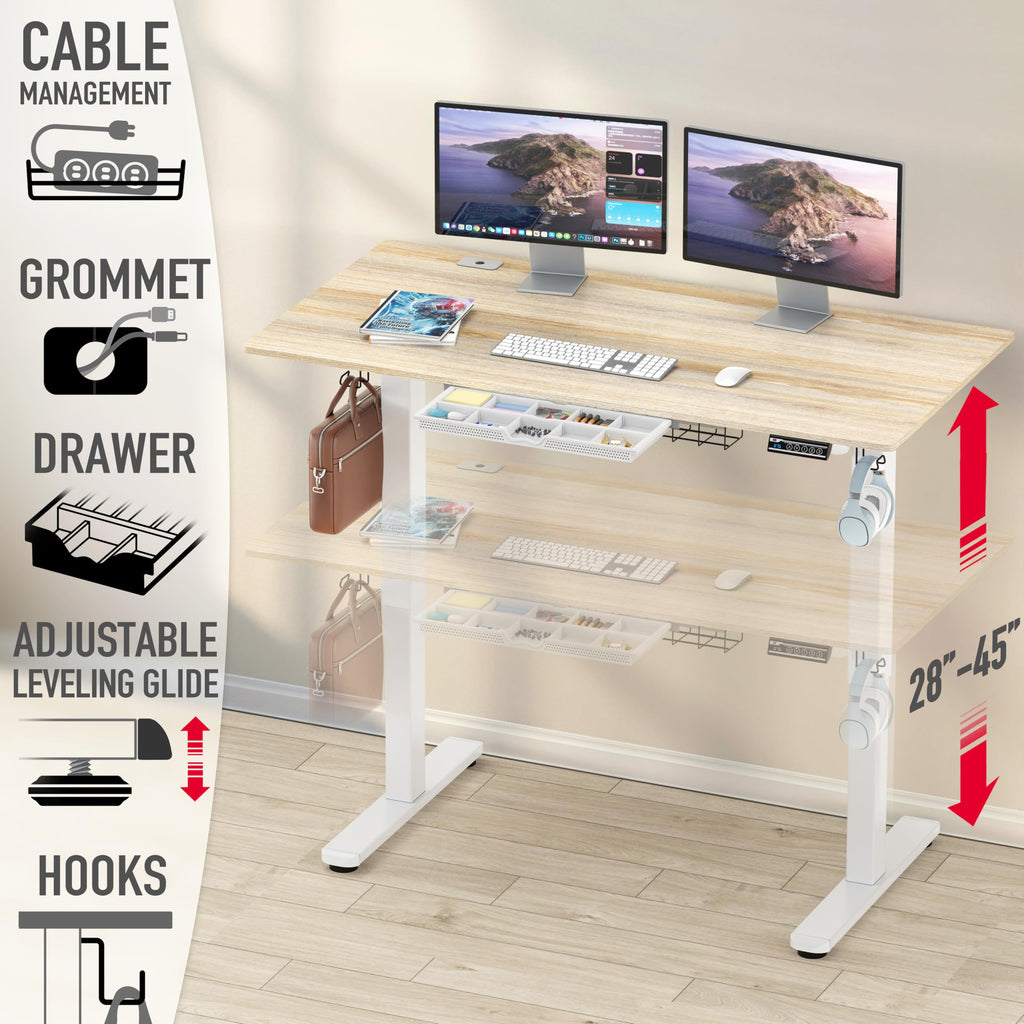 SHW 55 x 28 Electric Height Adjustable Standing Desk w/Drawer, White