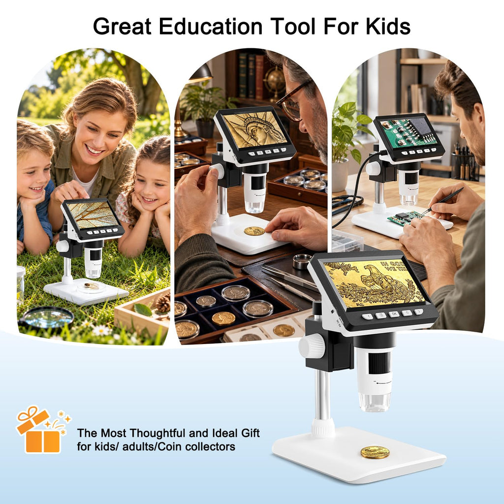 4.3" Digital Microscope for Adults, SKYEAR Coin Microscope 1000X Magnification with 8 Ajustable LED Fill Lights, USB Microscope for Windows/MacOS, Coin Collection Supplies-Black