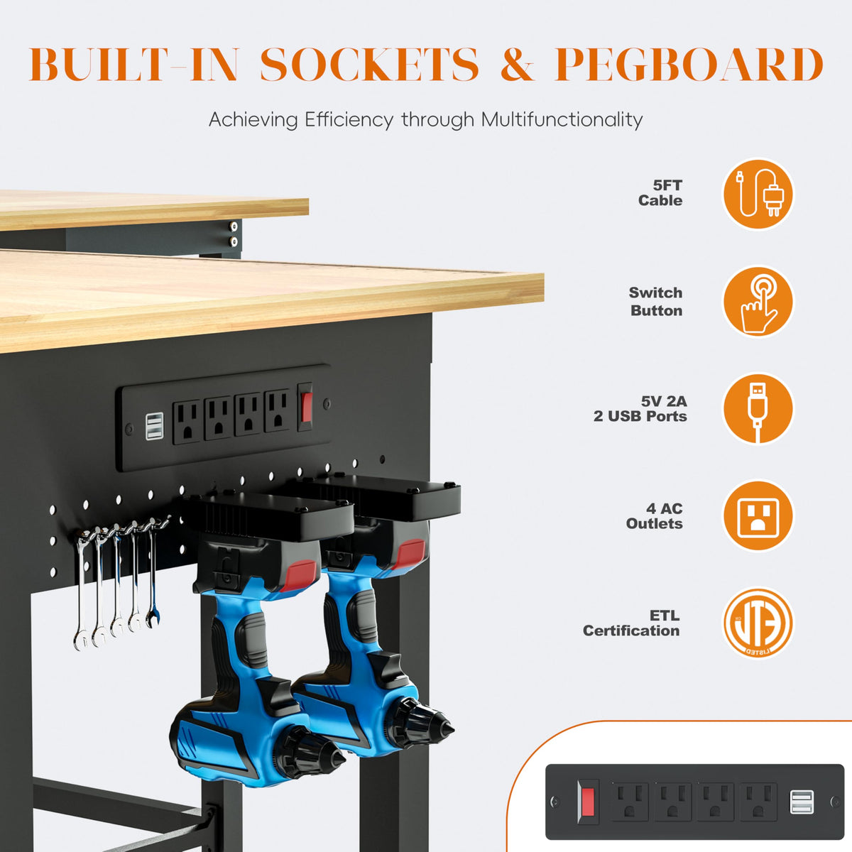 Betterhood 48" Heavy-Duty Adjustable Workbench for Garage, Rubber Wood Shop Table W/Metal Wheels, Hardwood Workstation Weight Capacity Over 2000 Lbs with Wheels