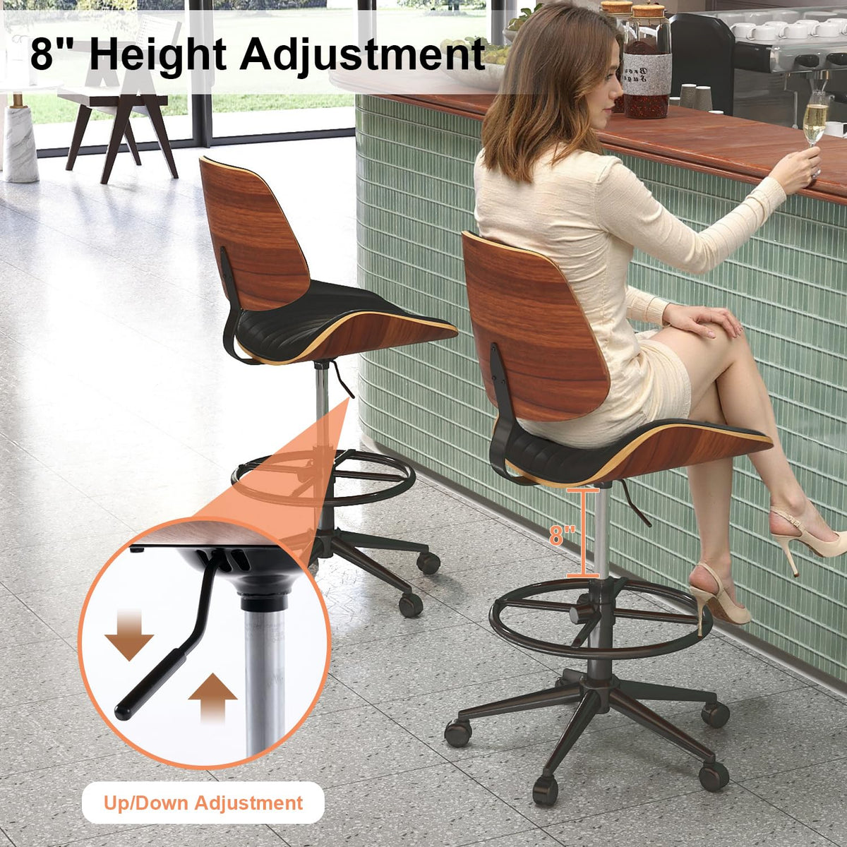 Drafting Chair, Ergonomic Office Chair with Walnut Wood Back Support, Armless PU Leather Desk Chair with Height-Adjustable, Thick Cushion for Home Office, Drafting, Art Studio (Beige)