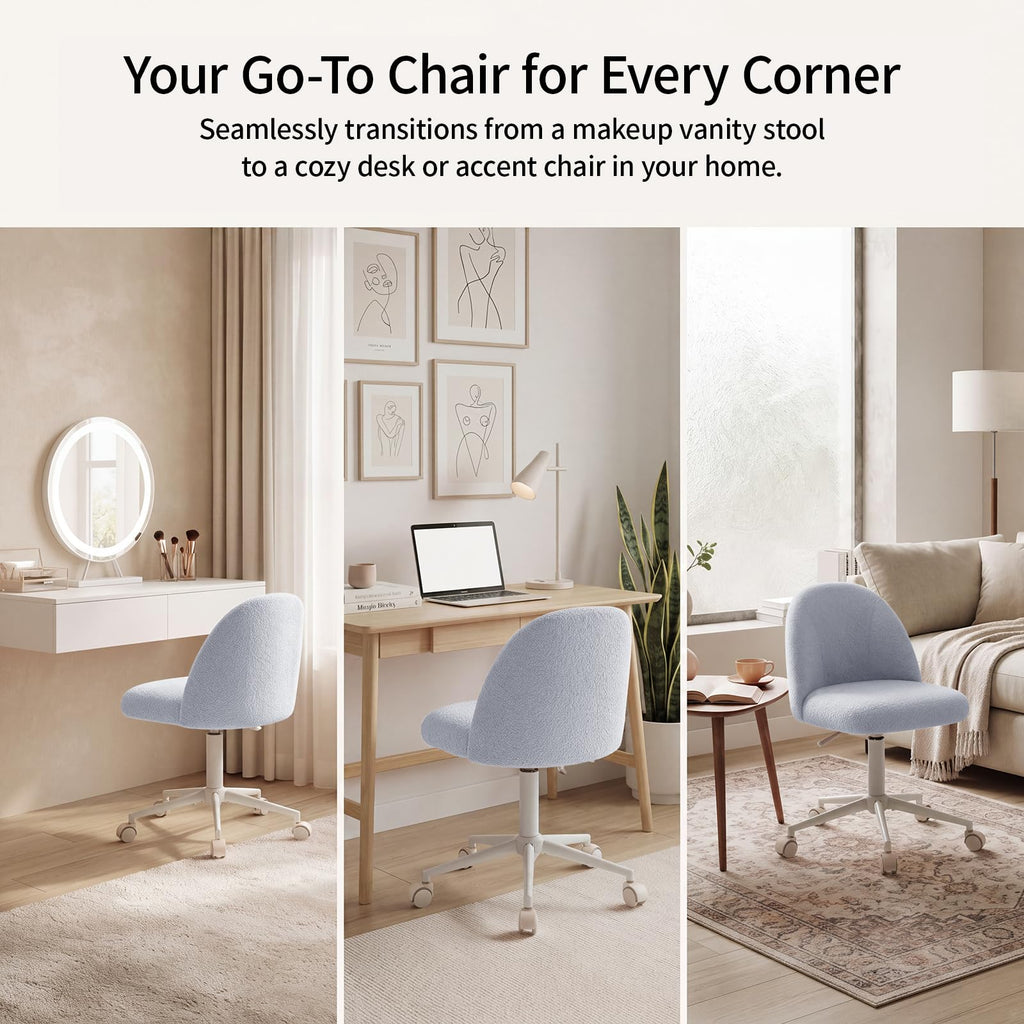 White Vanity Chair with Wheels＆Back, Armless Cute Desk Chair