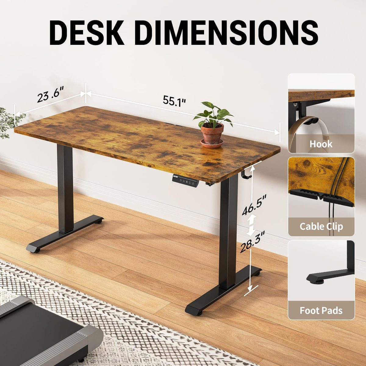 Veken 63"x28" Wider Large Standing Desk, Electric Height Adjustable, Brown