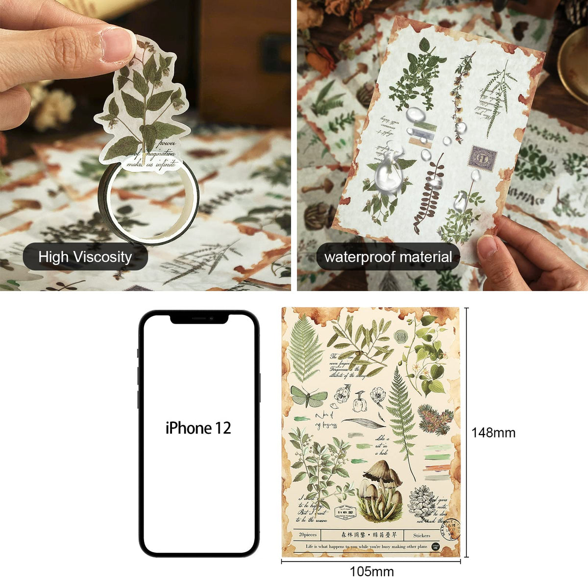 Dizdkizd Nature Botanical Stickers for Journaling, Ephemera Sticker Book, Translucent Washi Sticker for Scrapbooking - 20 Sheets (200 Pieces)