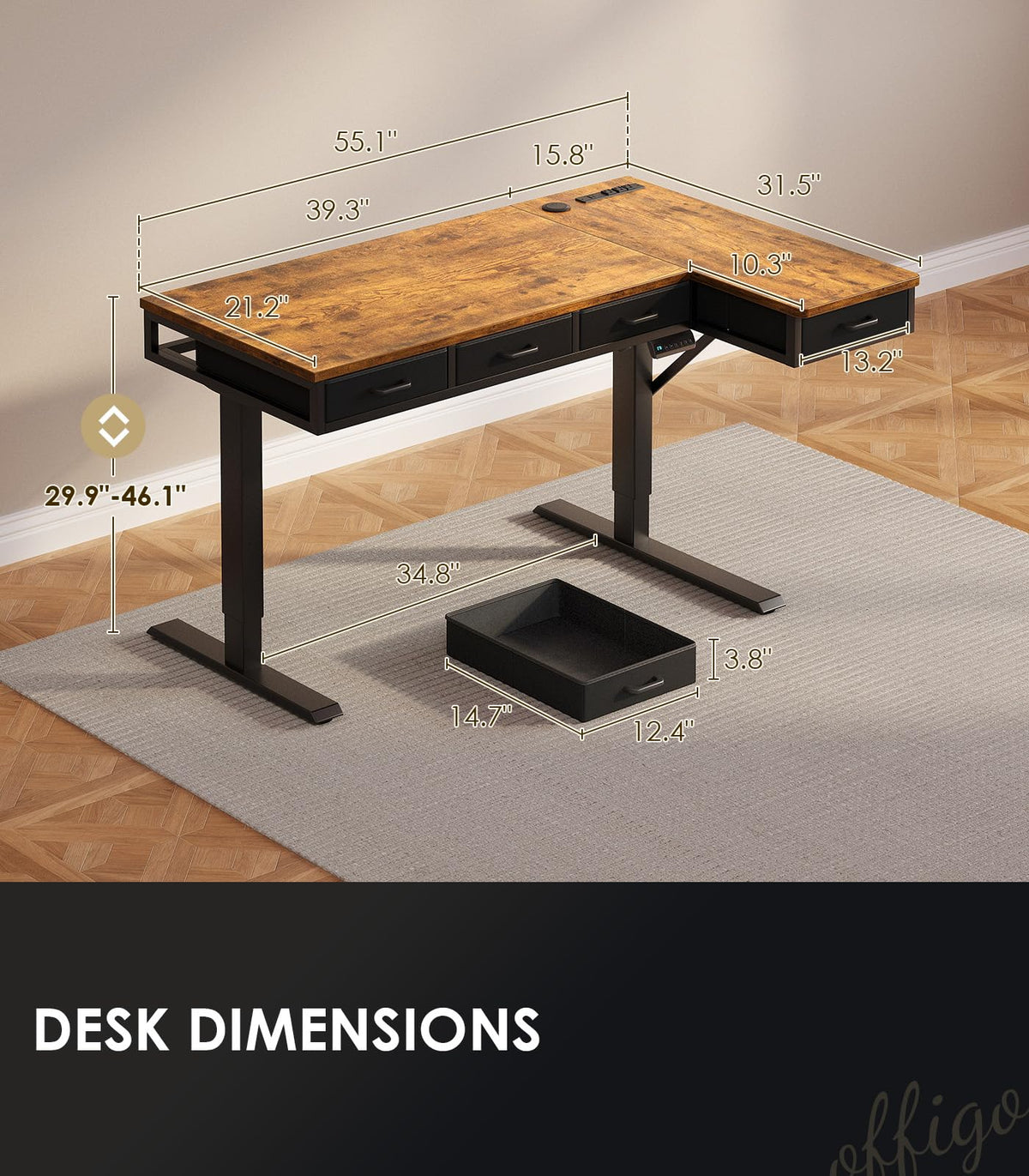 OffiGo: 63" L-Shaped Electric Height-Adjustable Standing Desk with 4 Drawers & Charging Station