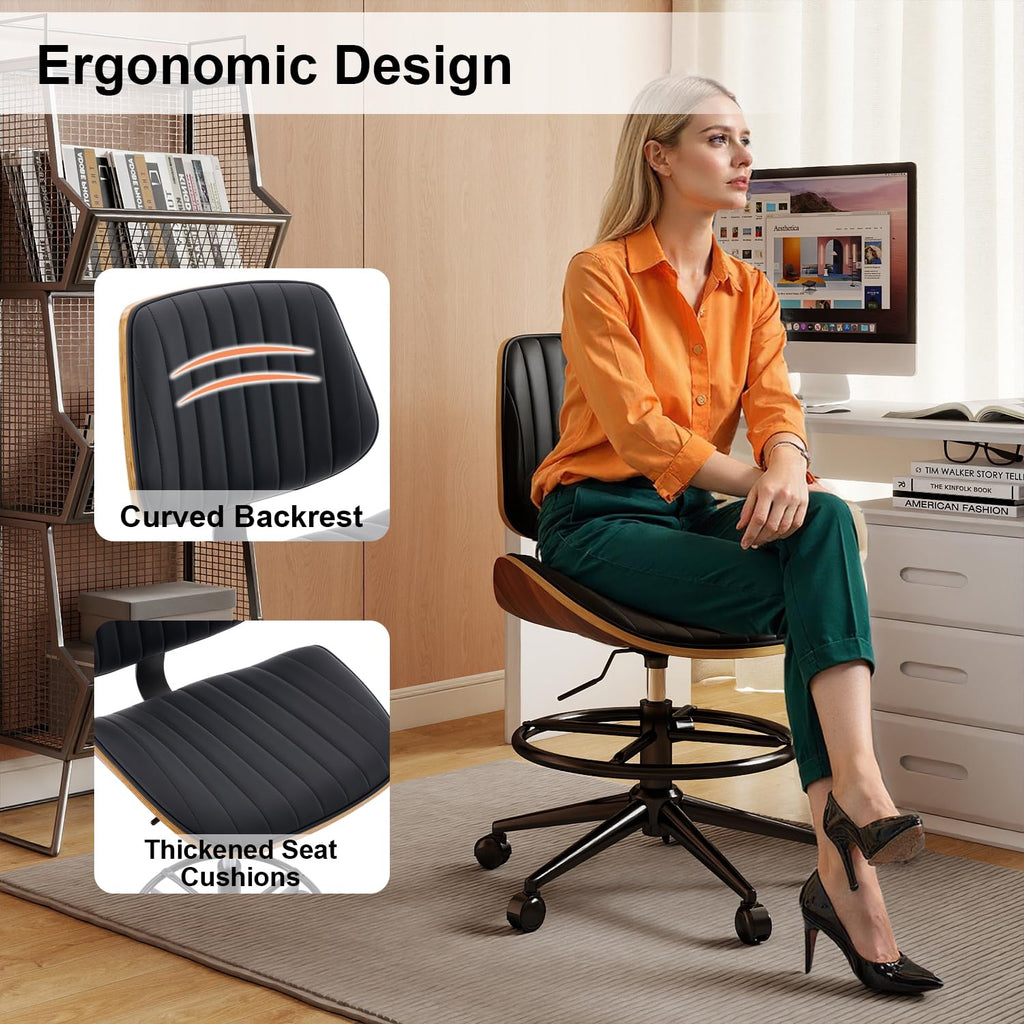 Drafting Chair, Ergonomic Office Chair with Walnut Wood Back Support, Armless PU Leather Desk Chair with Height-Adjustable, Thick Cushion for Home Office, Drafting, Art Studio (Beige)
