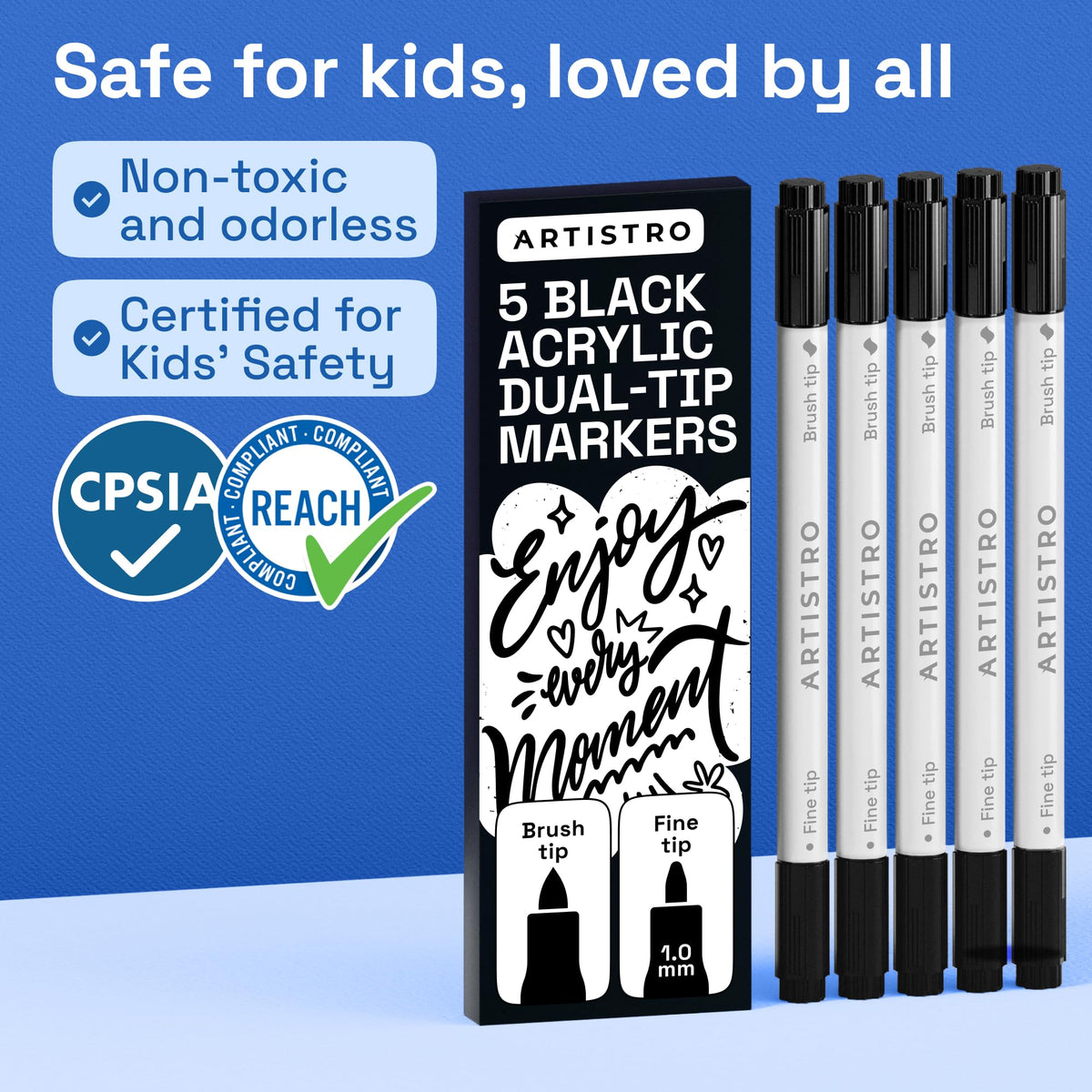 ARTISTRO Dual-Tip Acrylic Paint Markers – 1mm Fine & 1–5mm Brush Tip | ASTM D4236 Safe, Multi-Surface