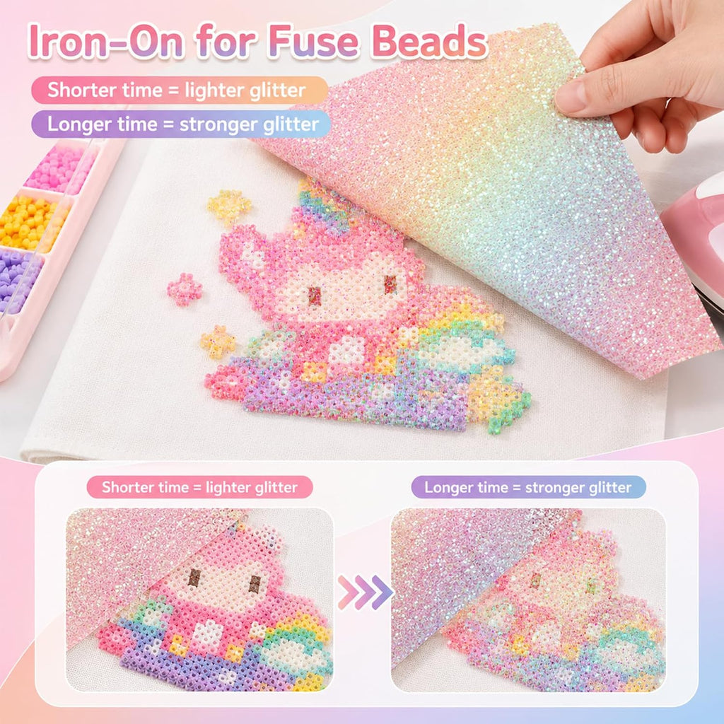 6PCS Fuse Beads Glitter Fabric Ironing Paper, 7.87 x 5.91 Inch Fuse Chunky Fabric Ironing Paper Reusable Chunky Sparkle IronPaper with PU Leather Easy to Iron Out Non-Porous for Bead Craft