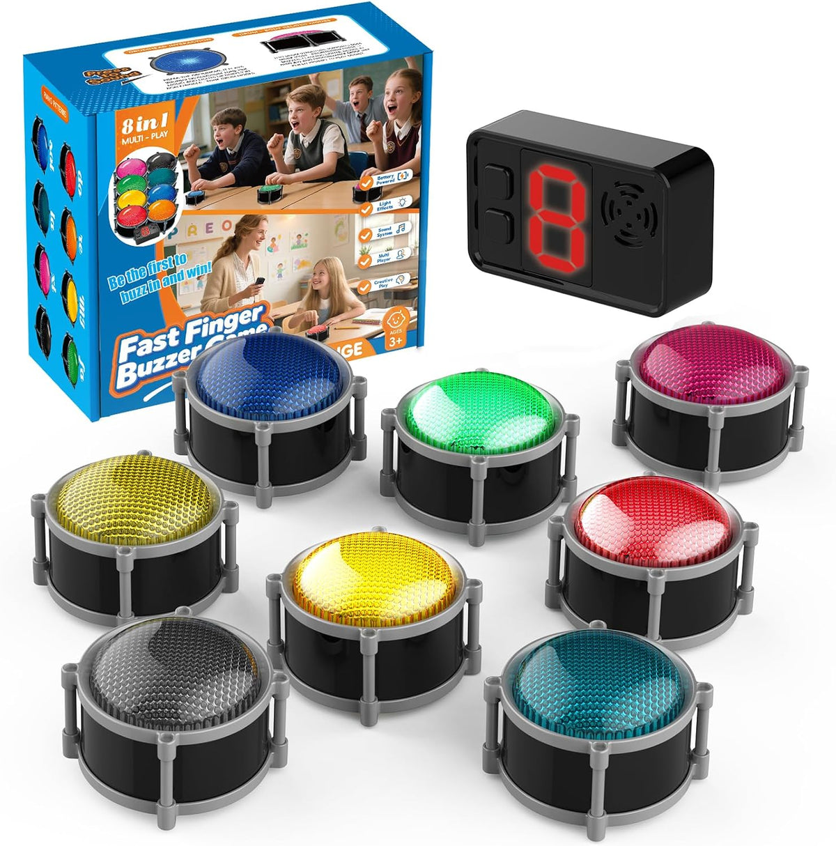 Buzzers for Trivia Games, Rechargeable Answer Buzzers for Classroom with Light, Show Who Buzzed First, 3-Second Auto Reset Buzzer System for Game Show, School, Jeopardy, Family Feud Night (8 Colors)