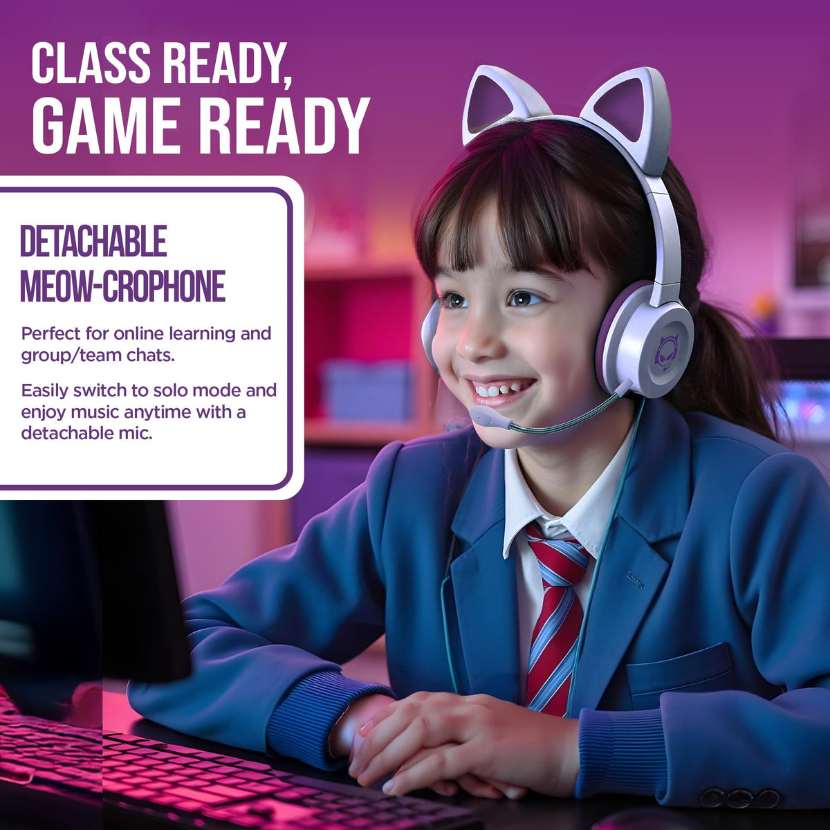 HyperGear Kombat Kitty Headphones for Kids - Cute Cat Ear Kids Headphones with Cord, Gaming Headset with Mic for Girls, Ideal for School, Home & Streaming, Pink